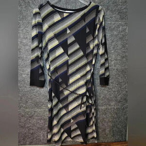 Liz Claiborne Dress Geometric Multicolor Pattern String Waist 3/4 Sleeve Size M